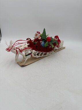 Vintage Christmas Santa Sleigh Reindeer Holly Plastic Kitschy Tabletop Centerpie